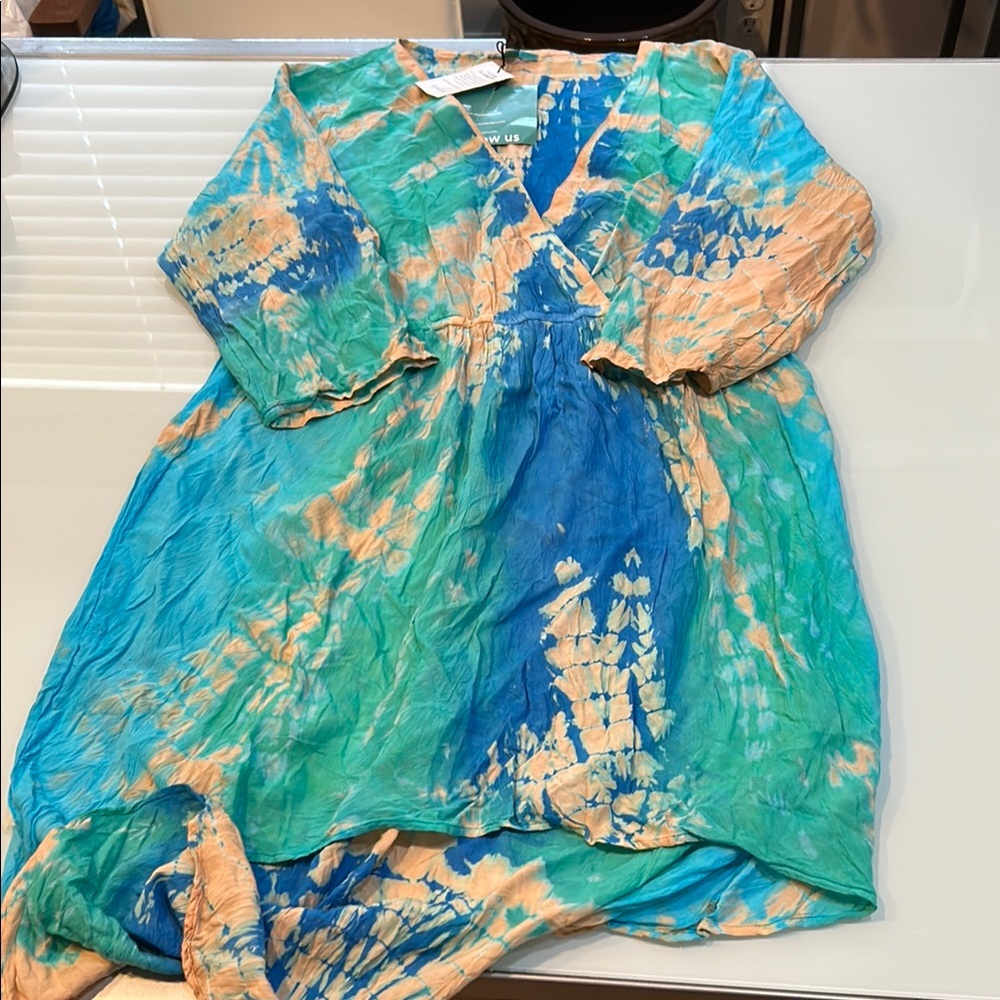 NWT  Multicolor Tie-Dye v-neck  rayon dress  by Vfish